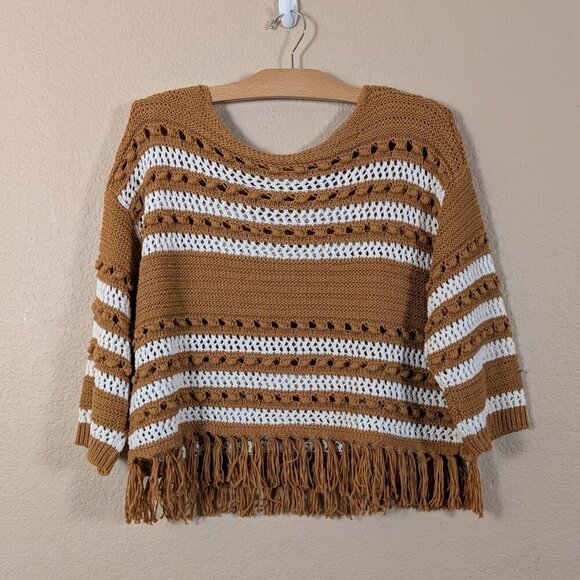 Lou & Grey Sweaters - Lou & Grey for Loft Open Knit Crochet Sweater Striped Fringe Western M